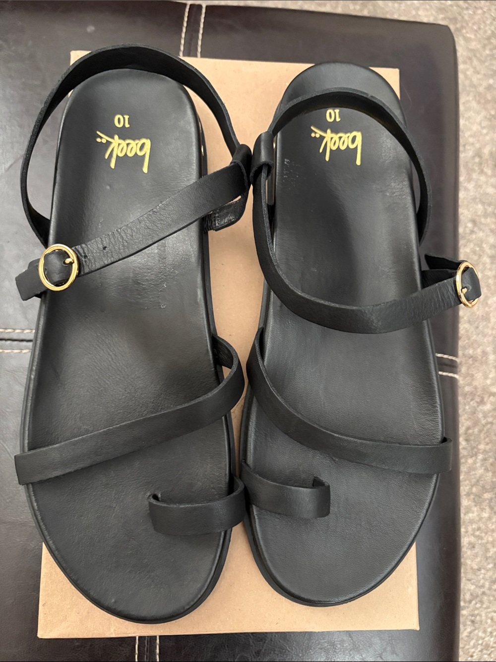 beek Black Multi-Strap Leather Sandals with Gold Buckles - Women's